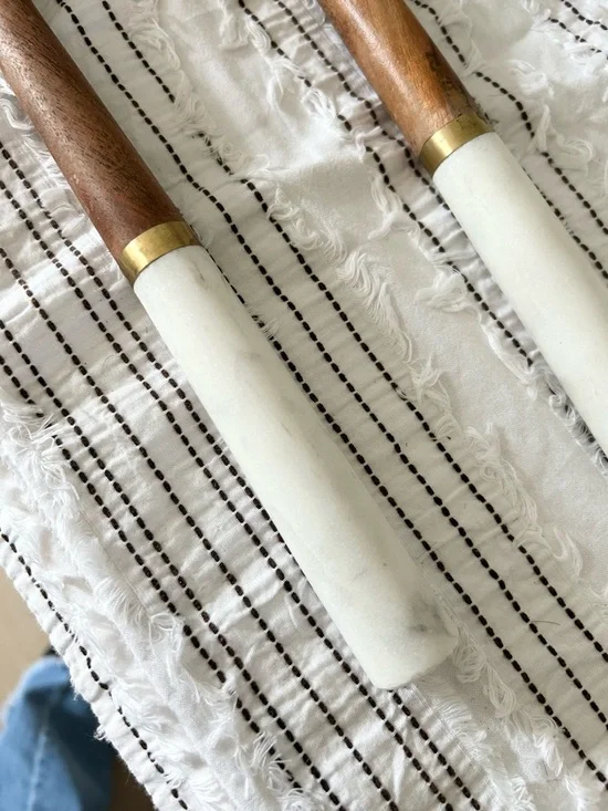 Wood & Marble Salad Server Set White Handles Brass Band - Picture 4 of 4